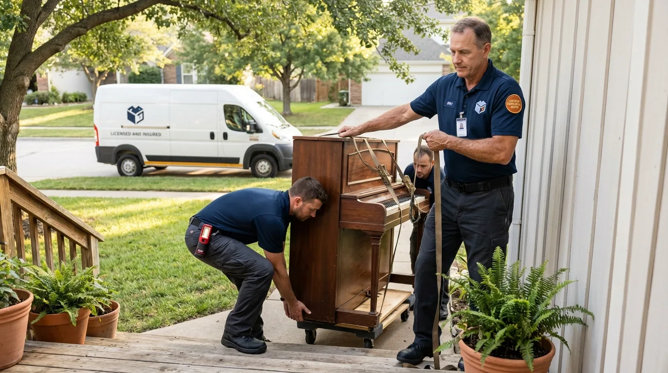 Licensed piano movers securing grand piano in Luverne, MN