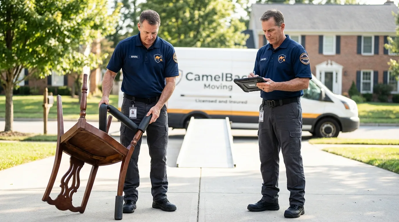 Movers inspecting furniture for damage prevention before loading in Luverne, MN