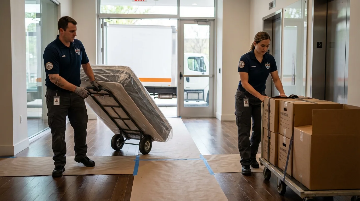 Professional apartment movers loading elevator in Luverne, MN